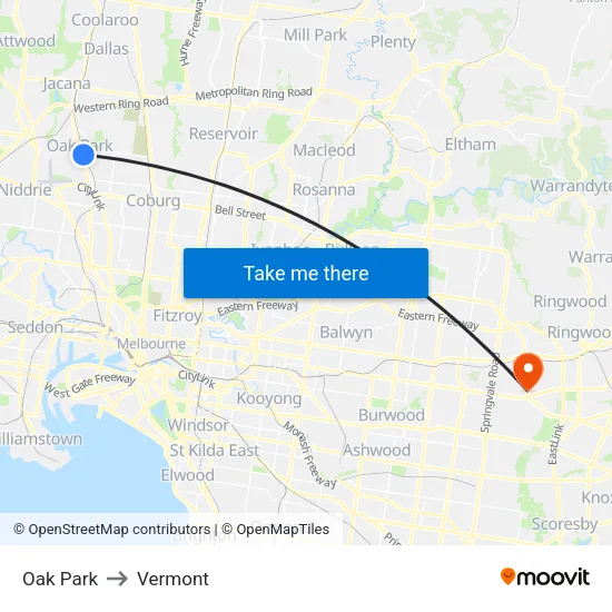 Oak Park to Vermont map