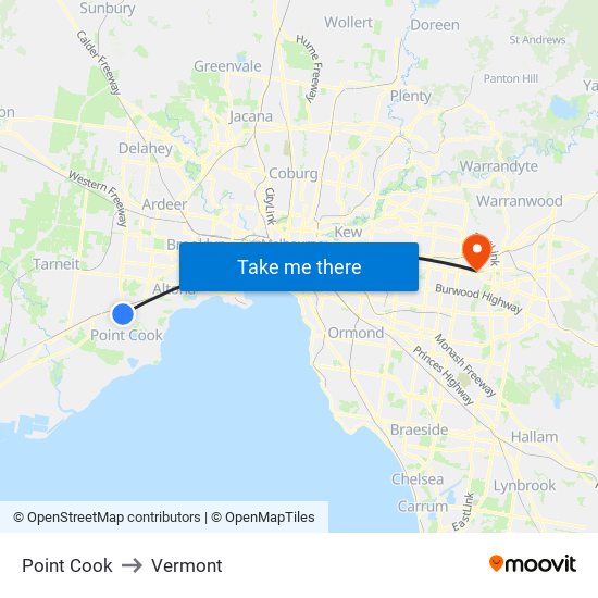 Point Cook to Vermont map