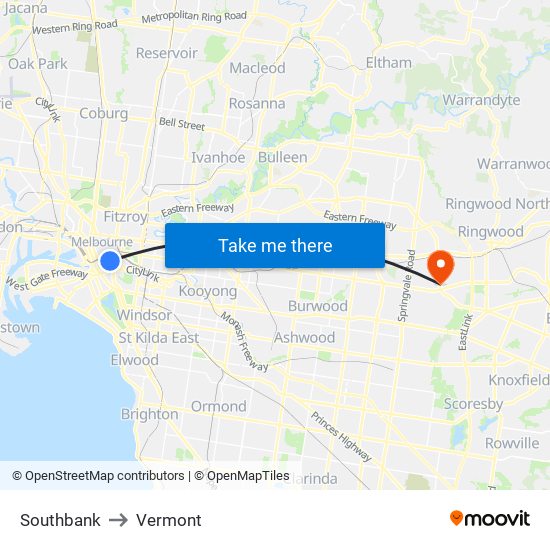 Southbank to Vermont map