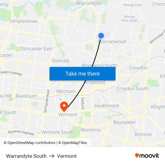 Warrandyte South to Vermont map