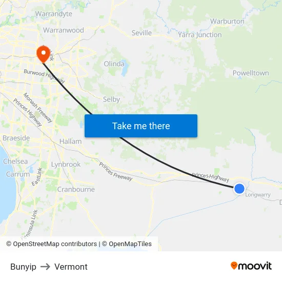 Bunyip to Vermont map