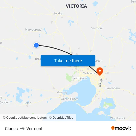 Clunes to Vermont map