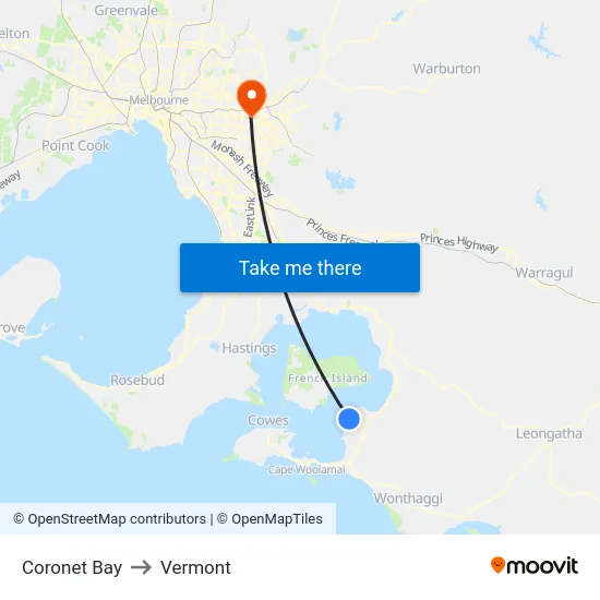 Coronet Bay to Vermont map