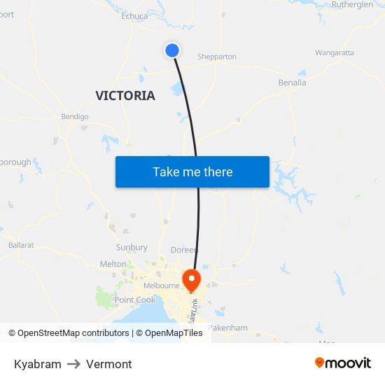 Kyabram to Vermont map