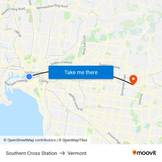 Southern Cross Station to Vermont map