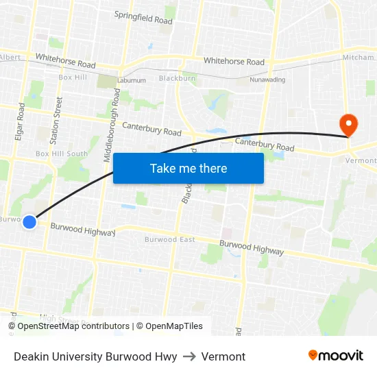 Deakin University Burwood Hwy to Vermont map