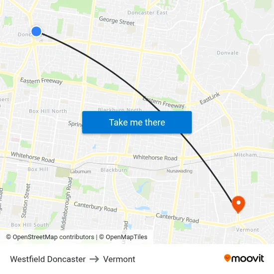 Westfield Doncaster to Vermont map