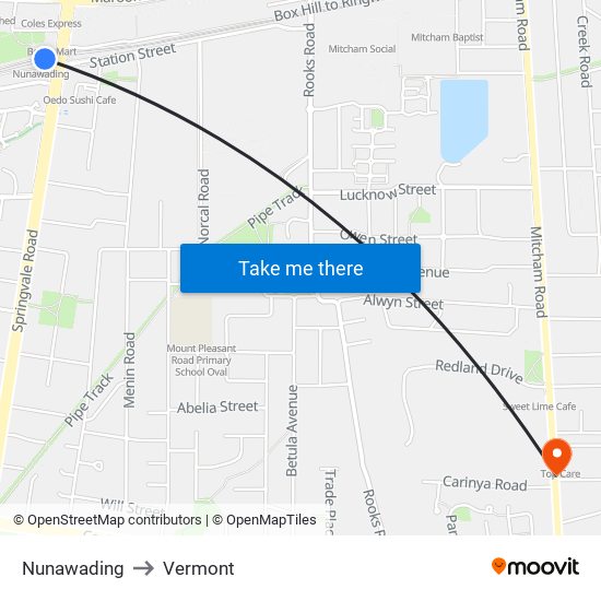 Nunawading to Vermont map