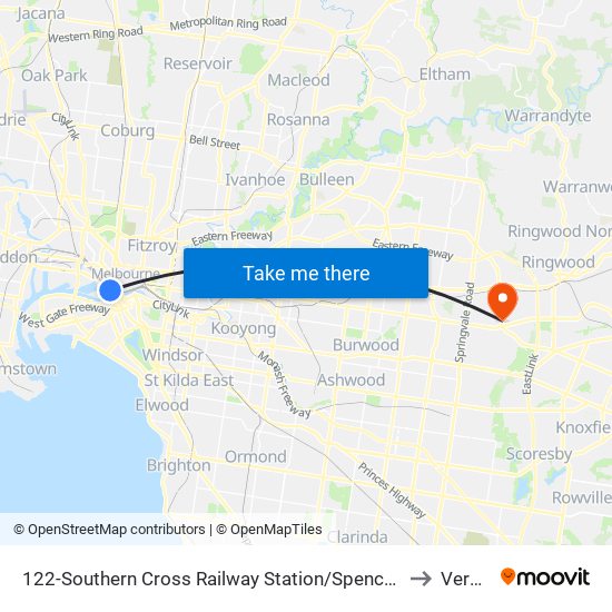 122-Southern Cross Railway Station/Spencer St (Melbourne City) to Vermont map