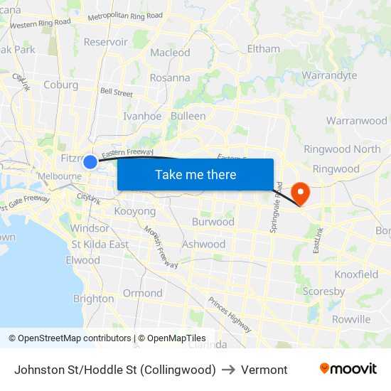 Johnston St/Hoddle St (Collingwood) to Vermont map