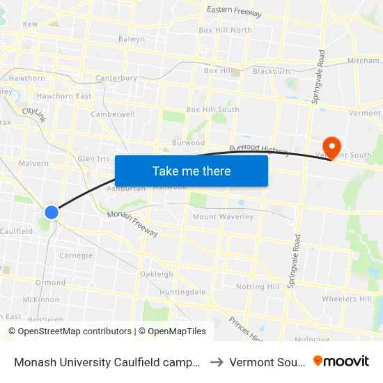 Monash University Caulfield campus to Vermont South map
