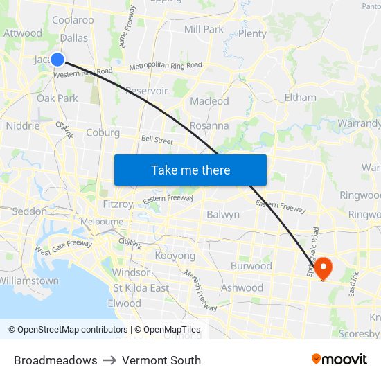 Broadmeadows to Vermont South map