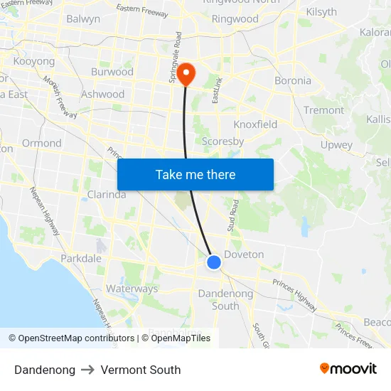 Dandenong to Vermont South map