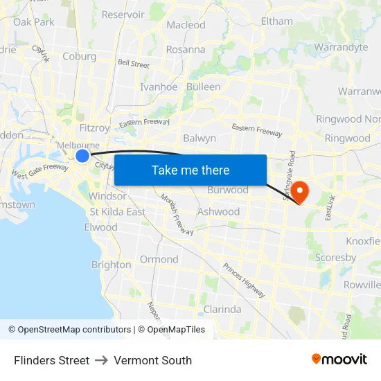 Flinders Street to Vermont South map