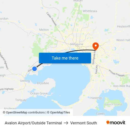 Avalon Airport/Outside Terminal to Vermont South map