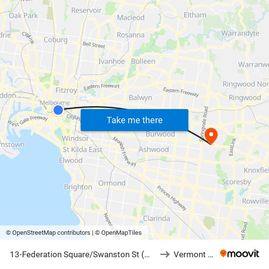 13-Federation Square/Swanston St (Melbourne City) to Vermont South map