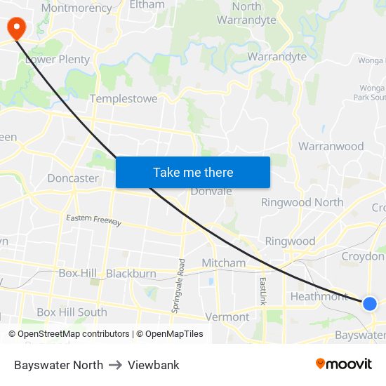 Bayswater North to Viewbank map
