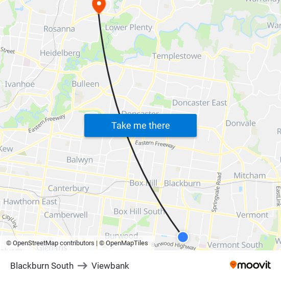 Blackburn South to Viewbank map