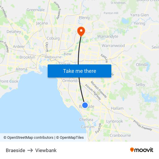 Braeside to Viewbank map
