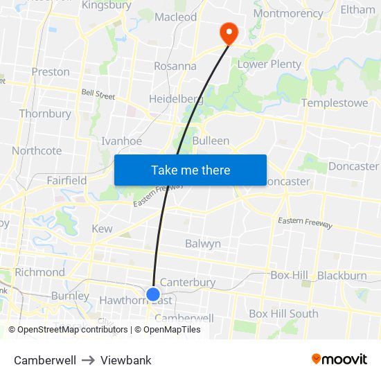 Camberwell to Viewbank map