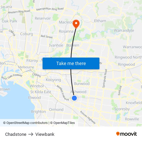 Chadstone to Viewbank map