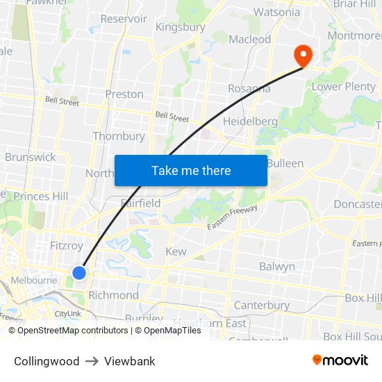 Collingwood to Viewbank map