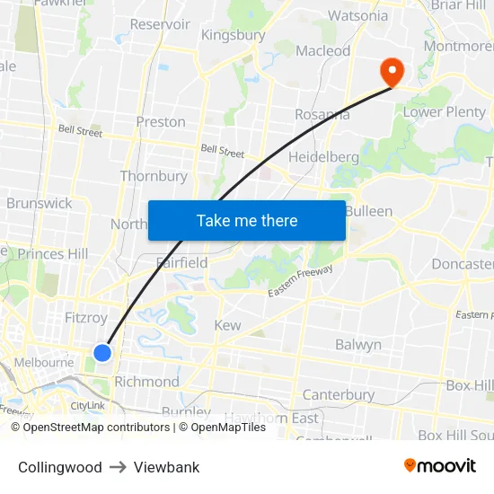 Collingwood to Viewbank map