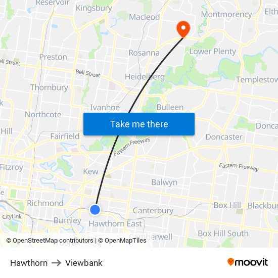 Hawthorn to Viewbank map