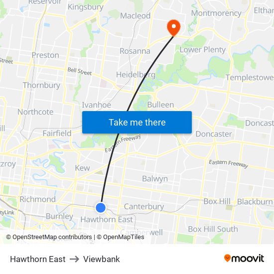 Hawthorn East to Viewbank map