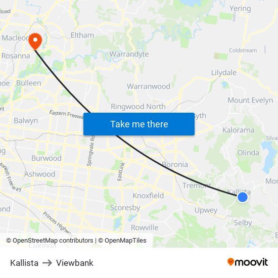 Kallista to Viewbank map
