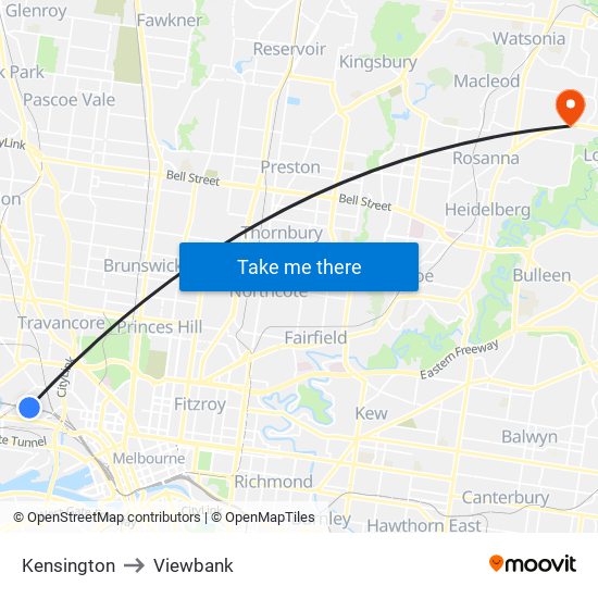 Kensington to Viewbank map