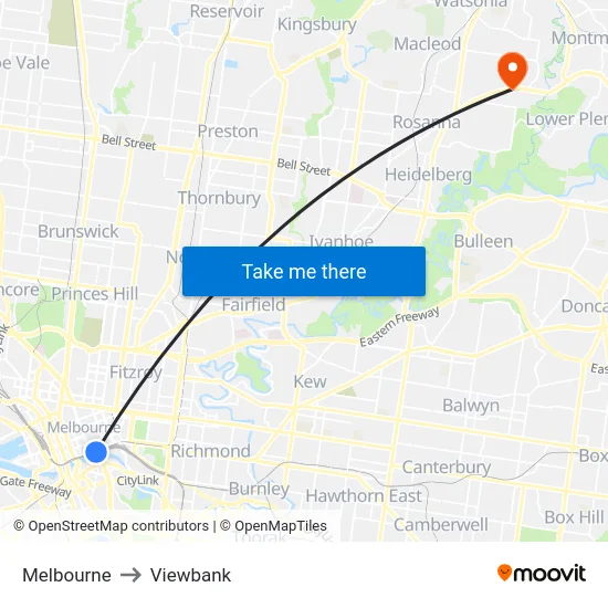 Melbourne to Viewbank map
