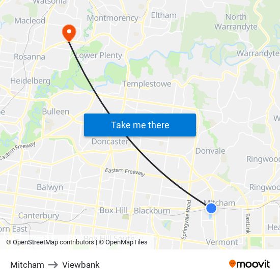 Mitcham to Viewbank map