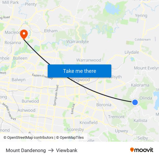 Mount Dandenong to Viewbank map