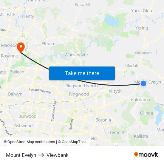 Mount Evelyn to Viewbank map