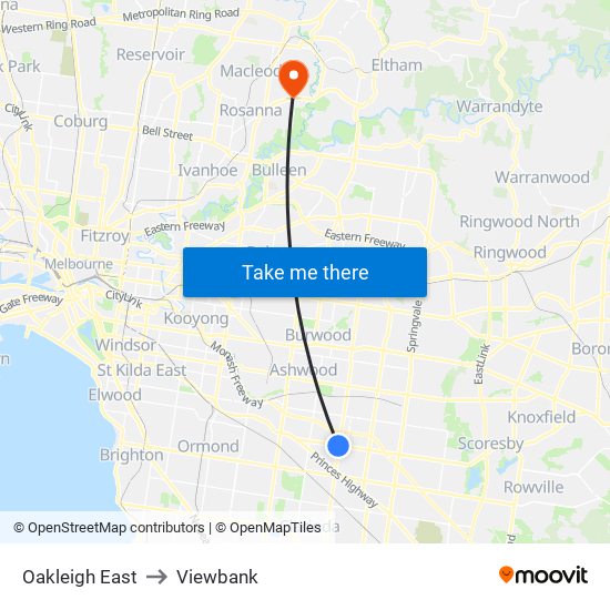 Oakleigh East to Viewbank map