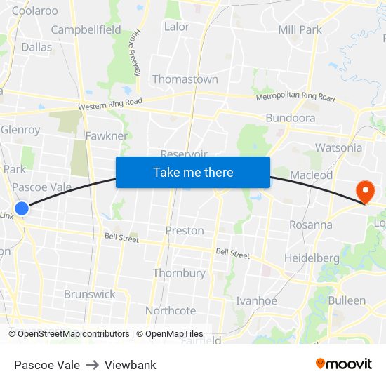 Pascoe Vale to Viewbank map