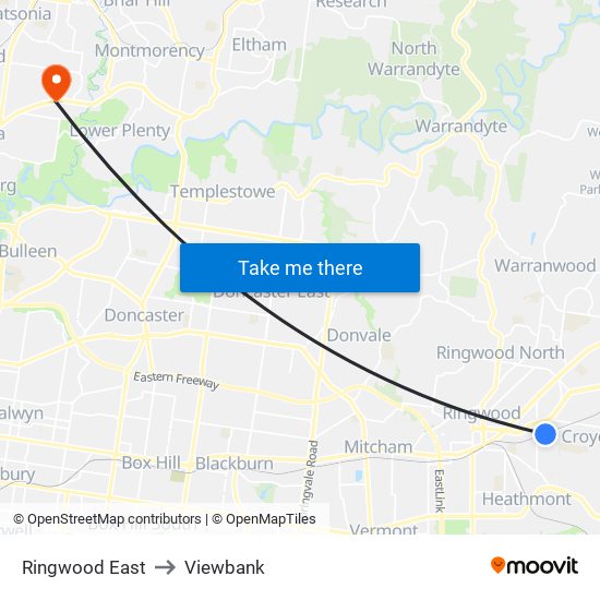 Ringwood East to Viewbank map