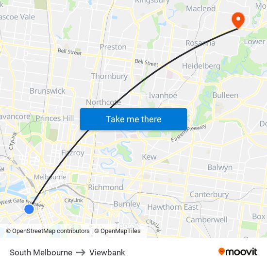 South Melbourne to Viewbank map