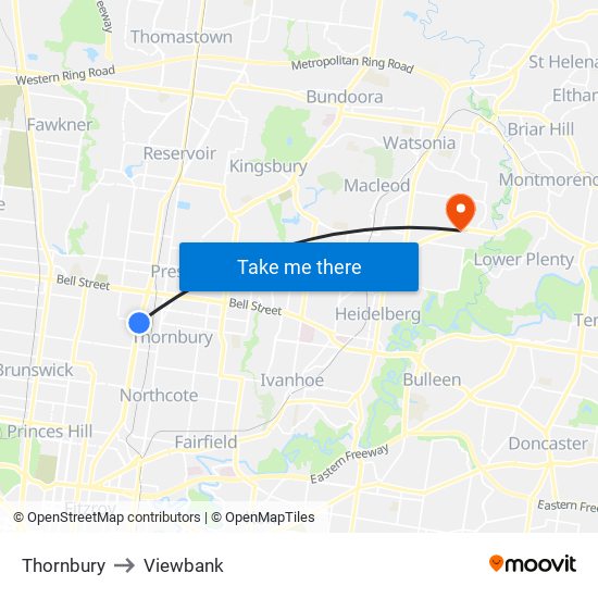 Thornbury to Viewbank map