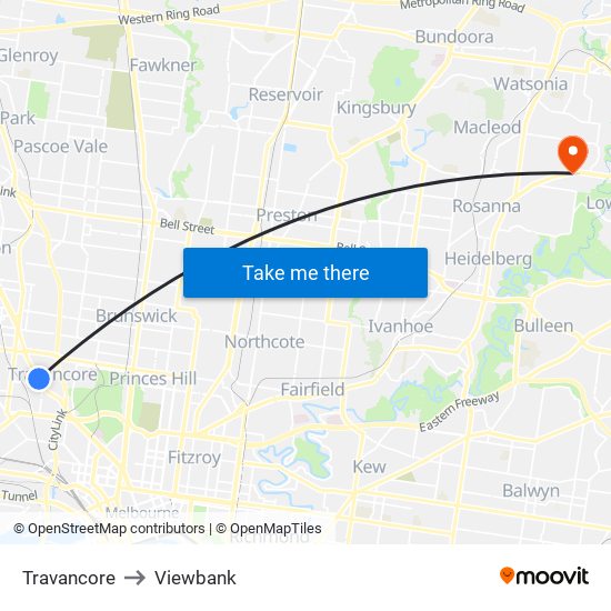 Travancore to Viewbank map