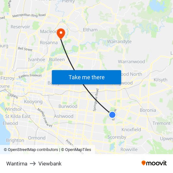 Wantirna to Viewbank map