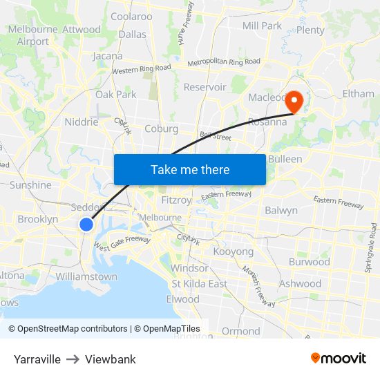 Yarraville to Viewbank map