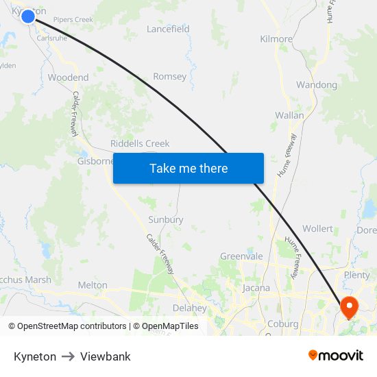 Kyneton to Viewbank map