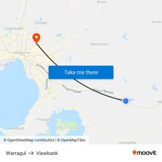 Warragul to Viewbank map