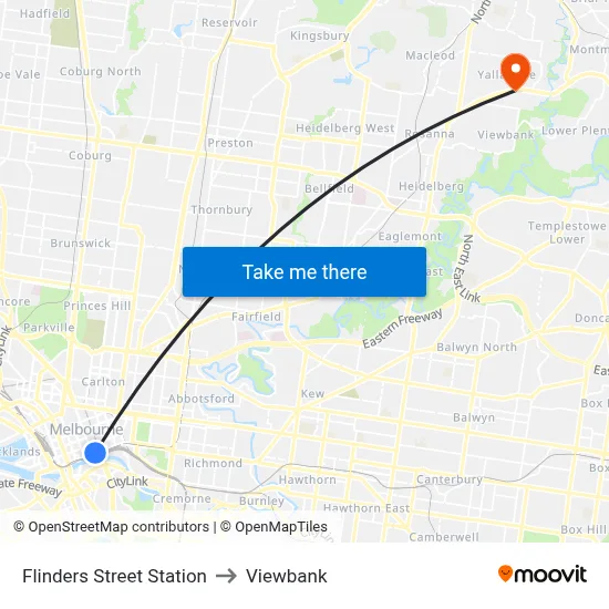Flinders Street Station to Viewbank map