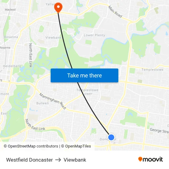 Westfield Doncaster to Viewbank map
