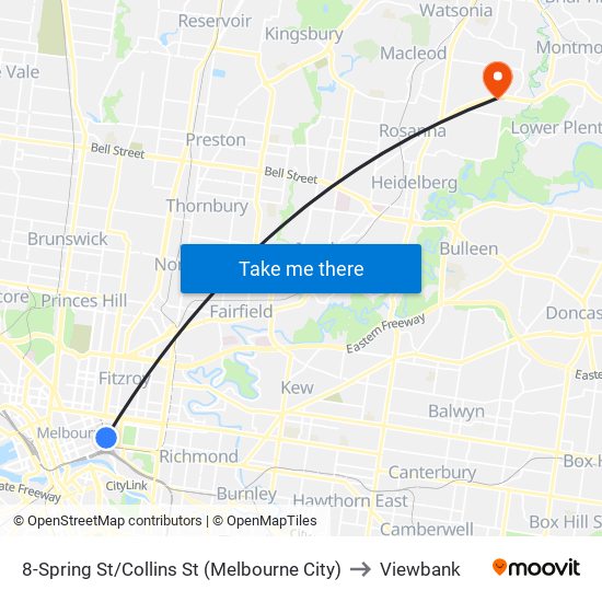 8-Spring St/Collins St (Melbourne City) to Viewbank map