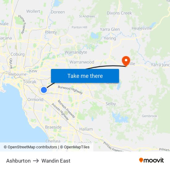 Ashburton to Wandin East map