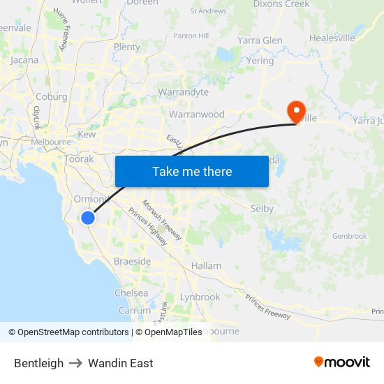 Bentleigh to Wandin East map